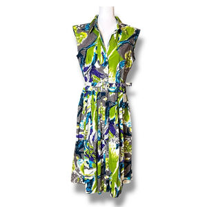 Samantha Sung 12 Gigi Shirt Dress Sleeveless Belted Tie Dye Pleats Midi Cotton